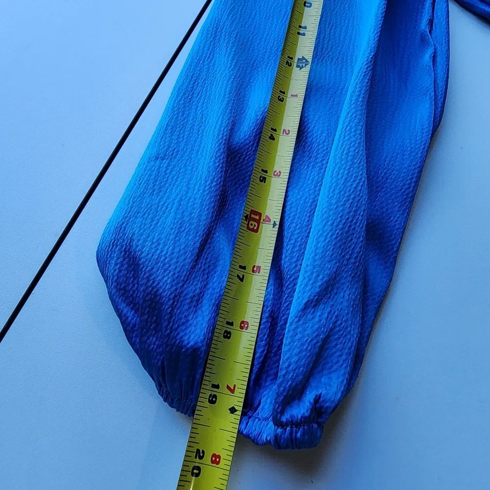 NWT BTFBM Blue Turquoise 3/4 Sleeve Satin Mini Stretch Dress A-Line Ruffle Hem L - Picture 15 of 16